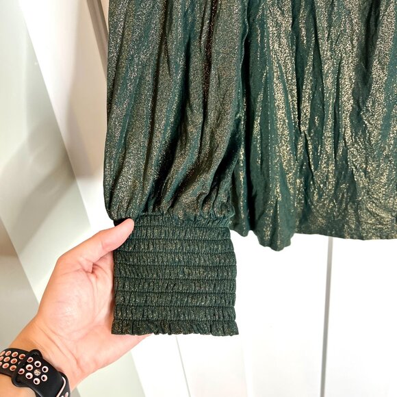 Lane Bryant Green Gold Metallic Smocked Flowy Jersey Knit Top Long Sleeve 18/20 - Picture 4 of 6
